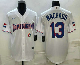 Mens Dominican Republic Baseball #13 Manny Machado 2023 White World Baseball Classic Stitched Jersey